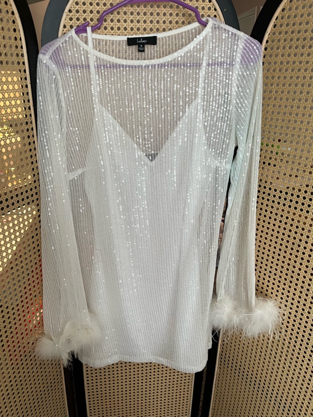 Lulu's White Sequin Sheer Mini Dress with Feather Cuffs